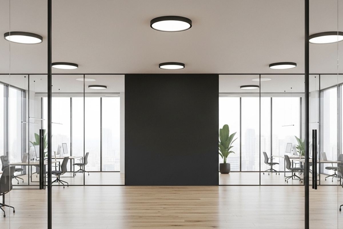Bright modern office with glass meeting rooms and clean workstations